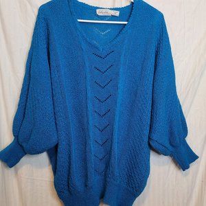 Vintage Pullover Sweater V Neck Batwing Oversize Acrylic Bright Blue Kathy White